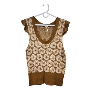 Free People Yellow/Mustard Cream Knit Floral Sweater with Ruffled Cap Sleeves XL